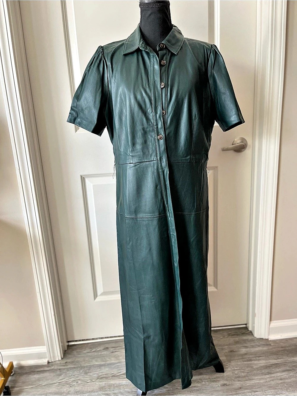Ann Taylor Faux Leather Green Maxi Shirt Dress